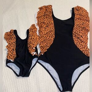 Mommy And Me Matching Leopard Print Ruffle Swim Suits One Piece Bundle Sm/ 3-6mn